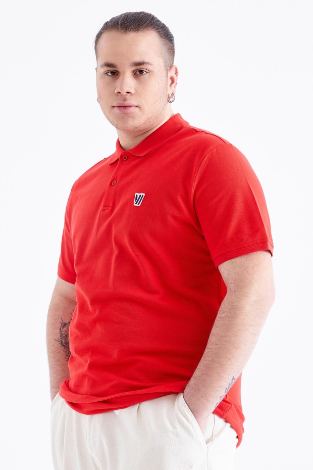 Kırmızı Basic Göğüs Logolu Standart Kalıp Triko Polo Yaka Erkek T-Shirt - 87768