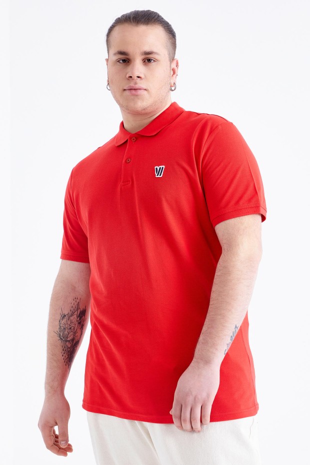 Kırmızı Basic Göğüs Logolu Standart Kalıp Triko Polo Yaka Erkek T-Shirt - 87768