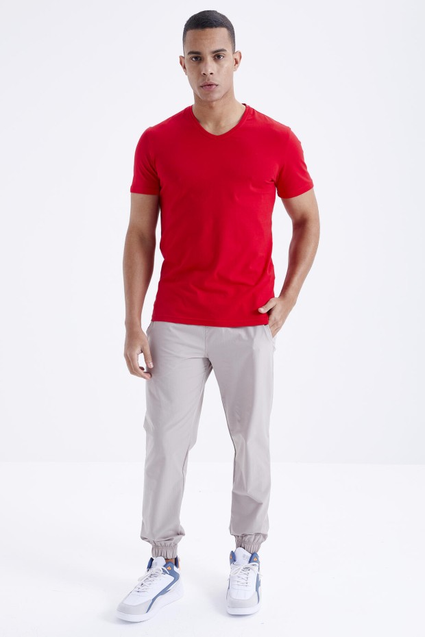 Kırmızı Basic Kısa Kol Standart Kalıp V Yaka Erkek T-Shirt - 87912