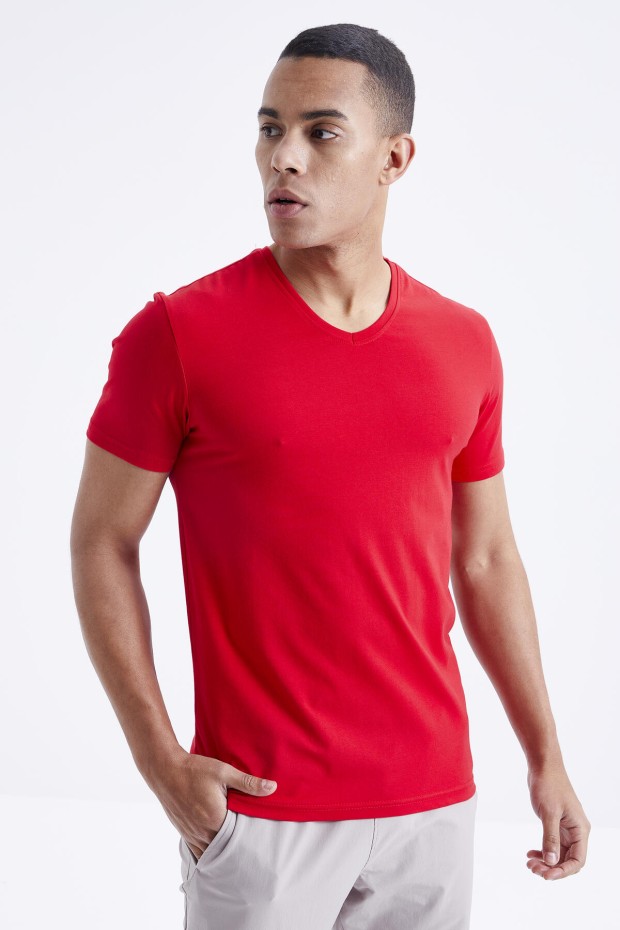 Kırmızı Basic Kısa Kol Standart Kalıp V Yaka Erkek T-Shirt - 87912