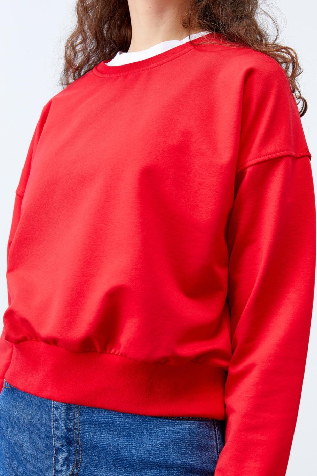 Kırmızı Basic Rahat Form O Yaka Kadın Sweatshirt - 97114