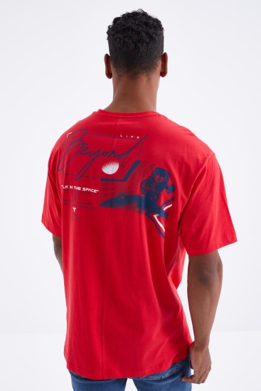 TommyLife - Kırmızı Baskı Detaylı O Yaka Erkek Oversize T-Shirt - 88099