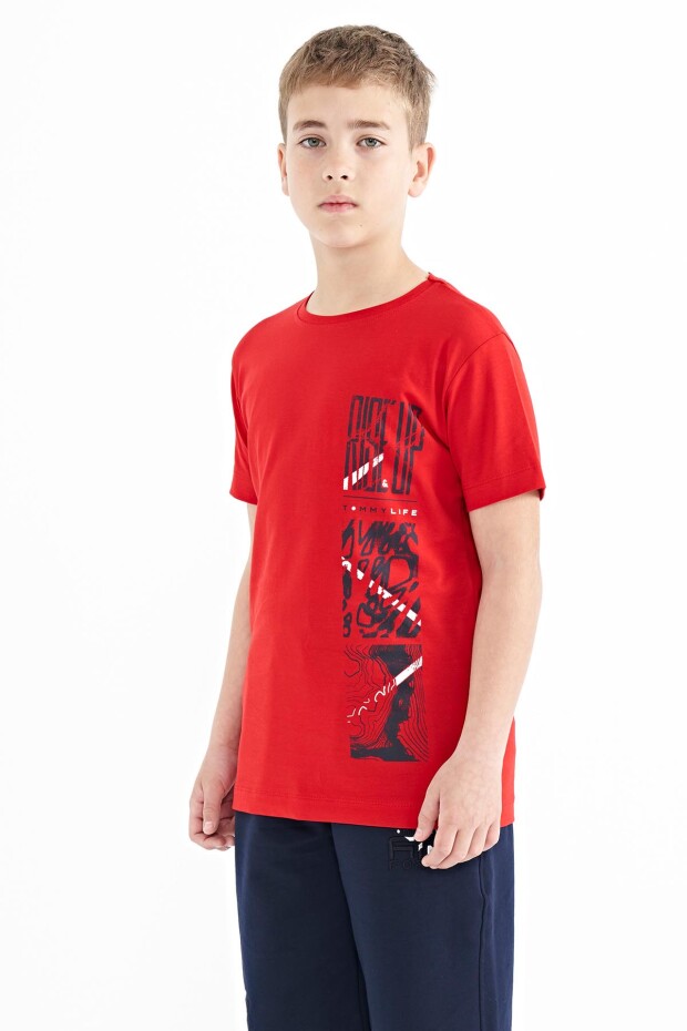 Kırmızı Baskı Detaylı O Yaka Standart Kalıp Erkek Çocuk T-Shirt - 11104