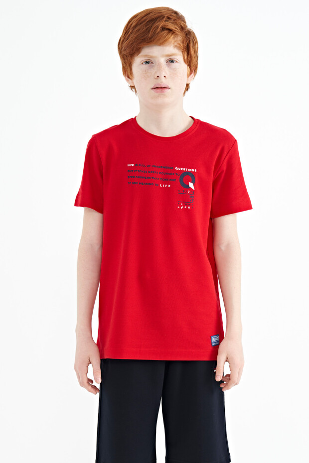 Kırmızı Baskı Detaylı O Yaka Standart Kalıp Erkek Çocuk T-Shirt - 11145