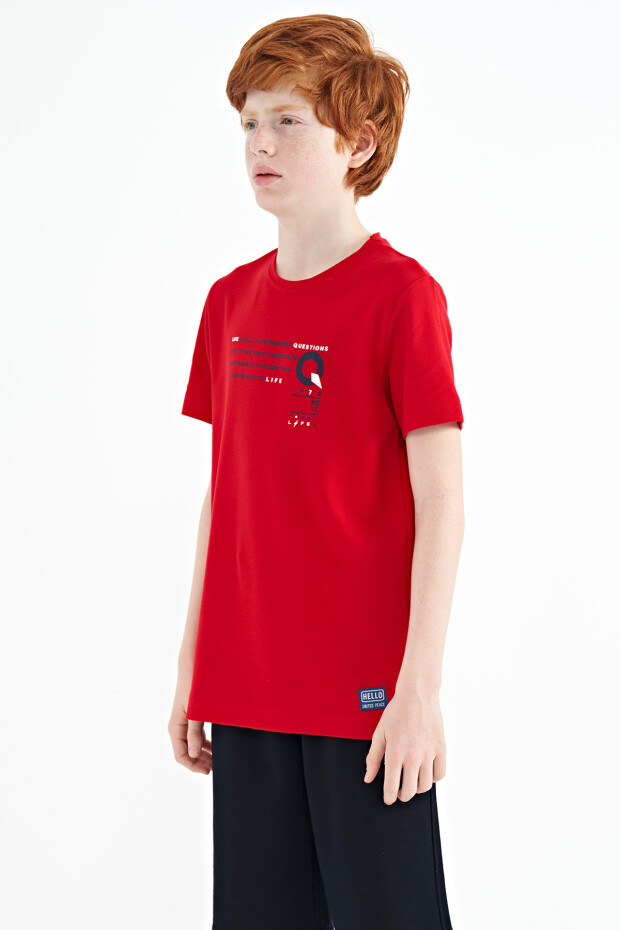 Kırmızı Baskı Detaylı O Yaka Standart Kalıp Erkek Çocuk T-Shirt - 11145