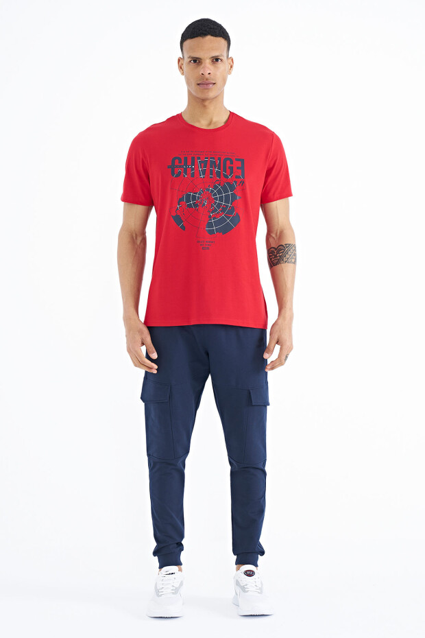 Kırmızı Baskı Detaylı O Yaka Standart Kalıp Erkek T-Shirt - 88214