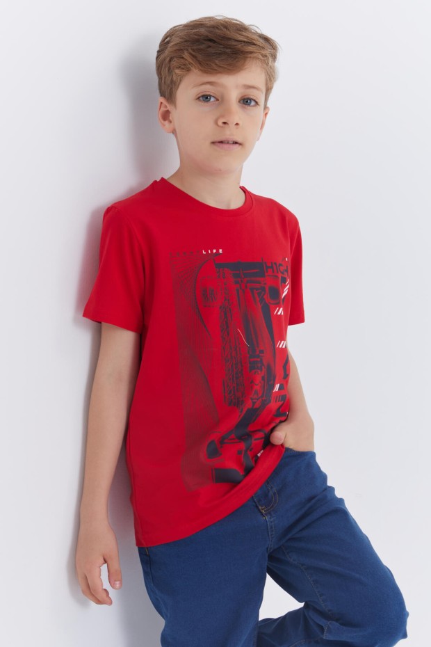 Kırmızı Baskılı Kısa Kol Standart Kalıp O Yaka Erkek Çocuk T-Shirt - 10866