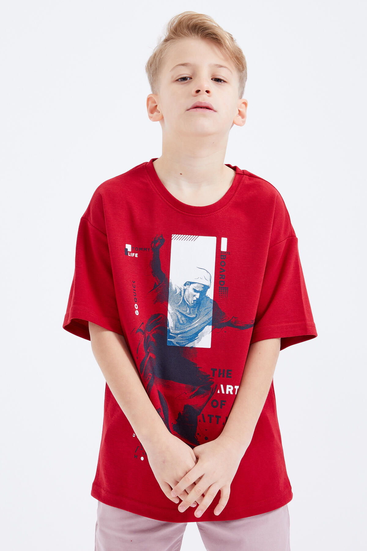 Kırmızı Baskılı Kısa Kollu O Yaka Erkek Çocuk T-Shirt - 10912