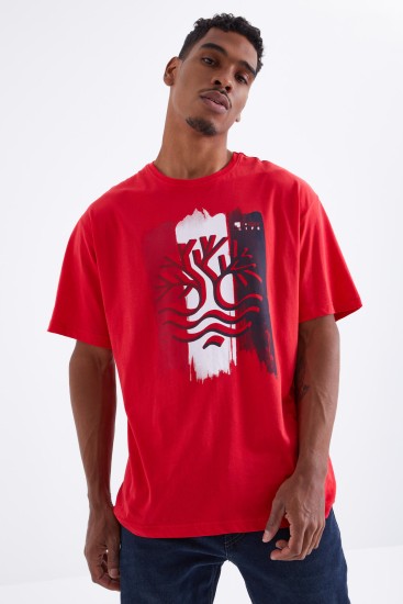 TommyLife - Kırmızı Büyük Baskılı O Yaka Erkek Oversize T-Shirt - 88095
