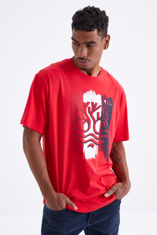 Kırmızı Büyük Baskılı O Yaka Erkek Oversize T-Shirt - 88095