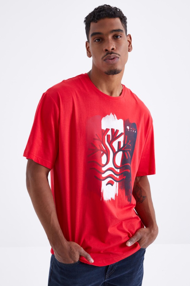 Kırmızı Büyük Baskılı O Yaka Erkek Oversize T-Shirt - 88095
