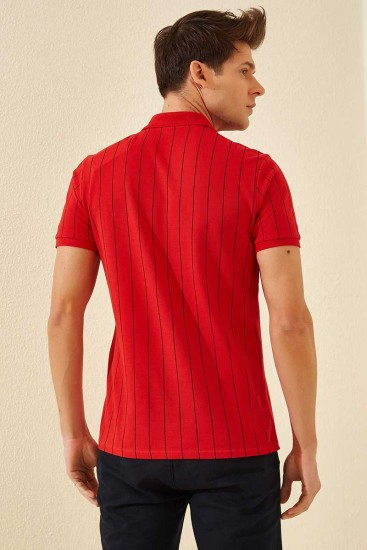 Kırmızı Çizgili Kısa Kol Standart Kalıp Polo Yaka Erkek T-Shirt - 87797 - Thumbnail