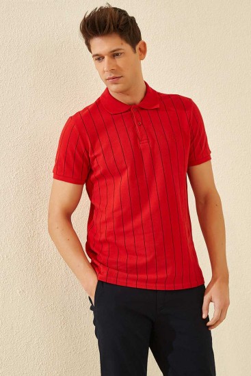 Kırmızı Çizgili Kısa Kol Standart Kalıp Polo Yaka Erkek T-Shirt - 87797 - Thumbnail