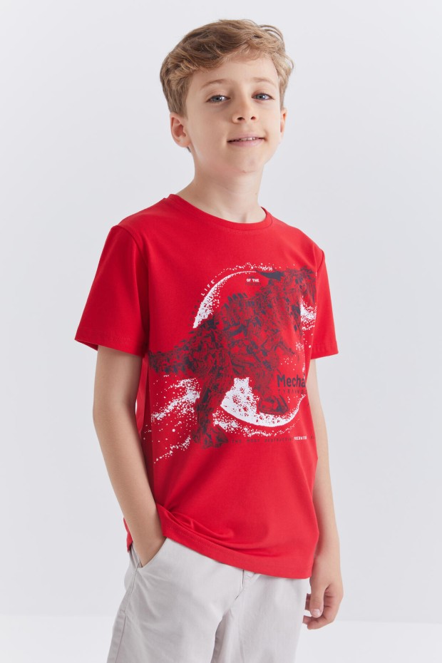 Tommy Life Kırmızı Dinazor Baskılı Kısa Kol Standart Kalıp O Yaka Erkek Çocuk T-Shirt - 10865. 3