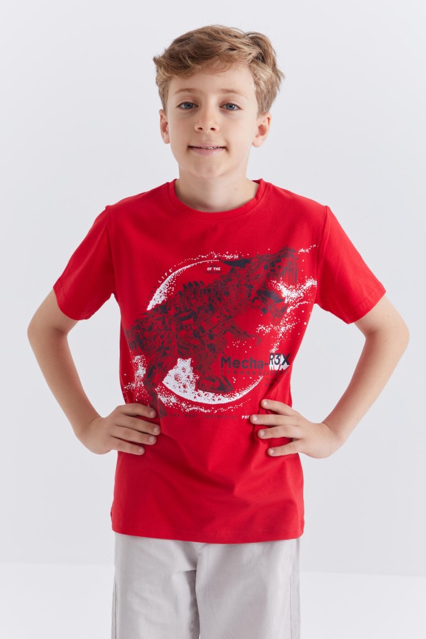 Tommy Life Kırmızı Dinazor Baskılı Kısa Kol Standart Kalıp O Yaka Erkek Çocuk T-Shirt - 10865. 1