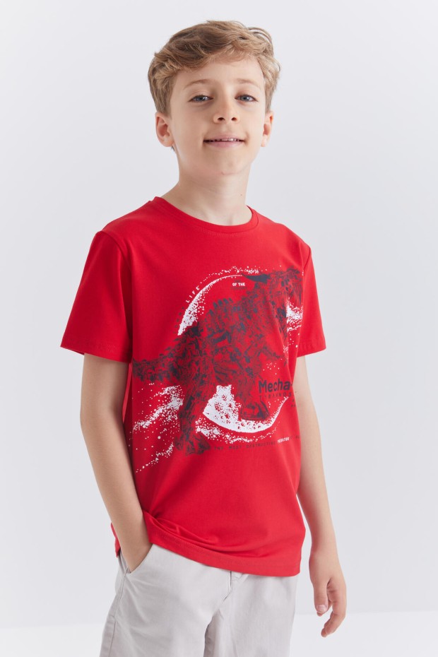 Tommy Life Kırmızı Dinazor Baskılı Kısa Kol Standart Kalıp O Yaka Erkek Çocuk T-Shirt - 10865. 7