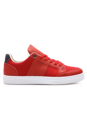 TommyLife - Kırmızı Bağcıklı Suni Deri Detaylı Erkek Spor Ayakkabı - 89065