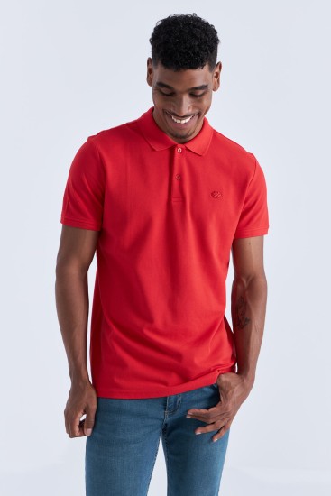 TommyLife - Kırmızı Basic Logolu Standart Kalıp Triko Polo Yaka Erkek T-Shirt - 87748