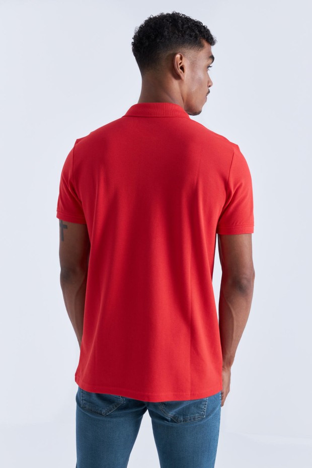 Kırmızı Basic Logolu Standart Kalıp Triko Polo Yaka Erkek T-Shirt - 87748