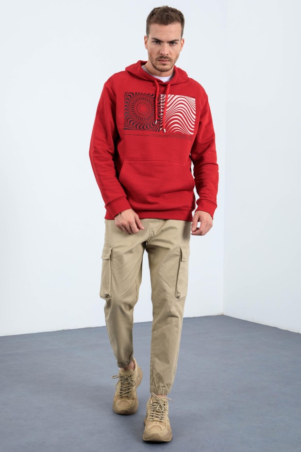 Kırmızı Desen Baskılı Kapüşonlu Rahat Form Erkek Sweatshirt - 88030
