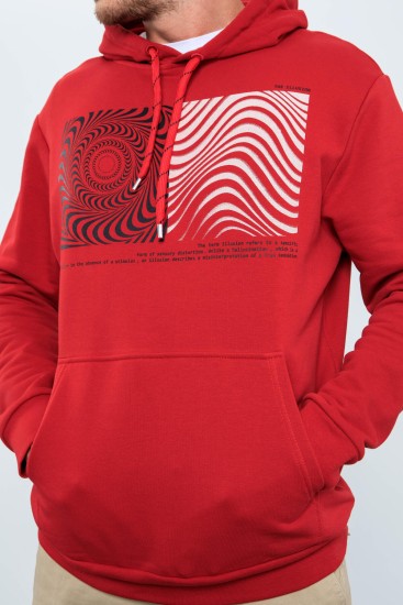 Kırmızı Desen Baskılı Kapüşonlu Rahat Form Erkek Sweatshirt - 88030 - Thumbnail