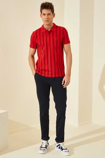 Kırmızı Desen Çizgili Standart Kalıp Polo Yaka Erkek T-Shirt - 87805 - Thumbnail