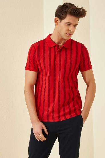 Kırmızı Desen Çizgili Standart Kalıp Polo Yaka Erkek T-Shirt - 87805 - Thumbnail