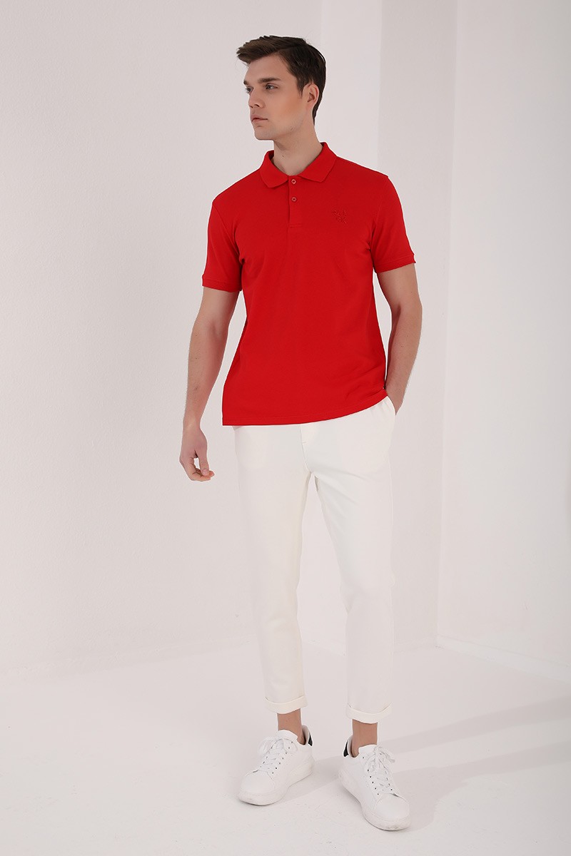 Kırmızı Klasik Black Yazı Nakışlı Standart Kalıp Polo Yaka Erkek T-Shirt - 87760