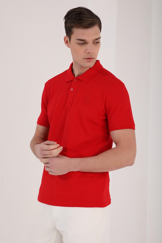 Kırmızı Klasik Black Yazı Nakışlı Standart Kalıp Polo Yaka Erkek T-Shirt - 87760 - Thumbnail