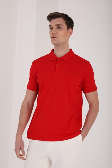 TommyLife - Kırmızı Klasik Black Yazı Nakışlı Standart Kalıp Polo Yaka Erkek T-Shirt - 87760