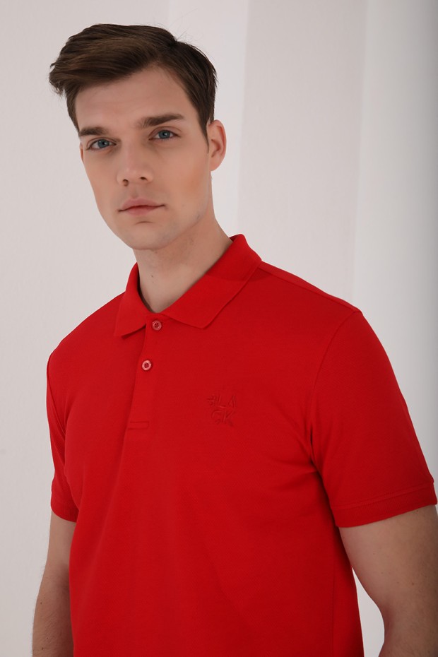 Kırmızı Klasik Black Yazı Nakışlı Standart Kalıp Polo Yaka Erkek T-Shirt - 87760 - Thumbnail