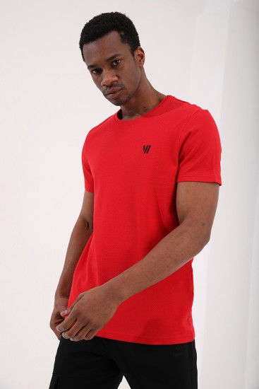 TommyLife - Kırmızı Petek Dokulu Çift Ok Logolu Standart Kalıp O Yaka Erkek T-Shirt - 87921