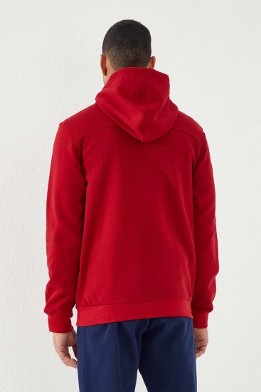 Kırmızı Fermuarlı Standart Kalıp Kapüşonlu Erkek Sweatshirt - 87877 - Thumbnail