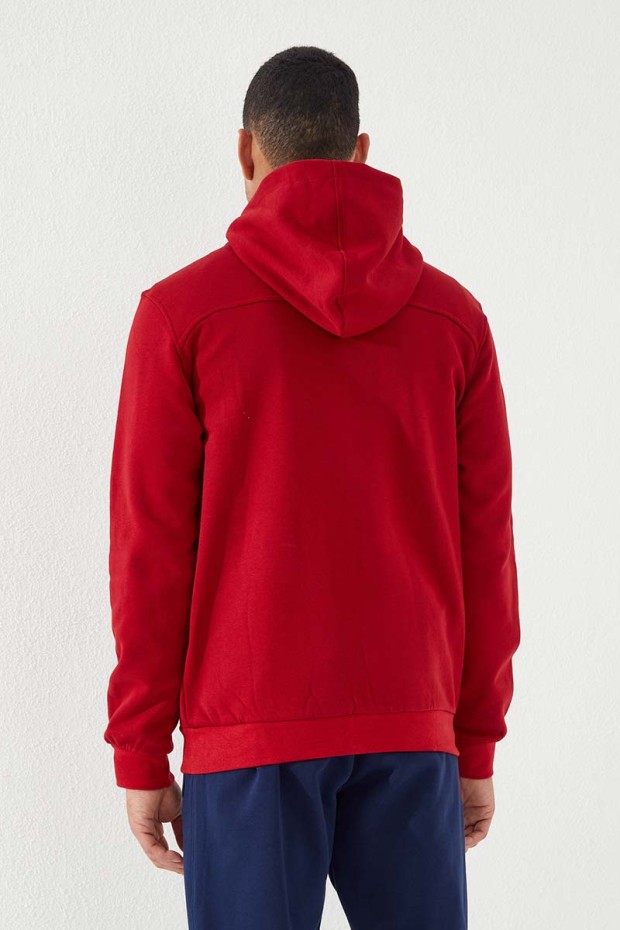 Kırmızı Fermuarlı Standart Kalıp Kapüşonlu Erkek Sweatshirt - 87877
