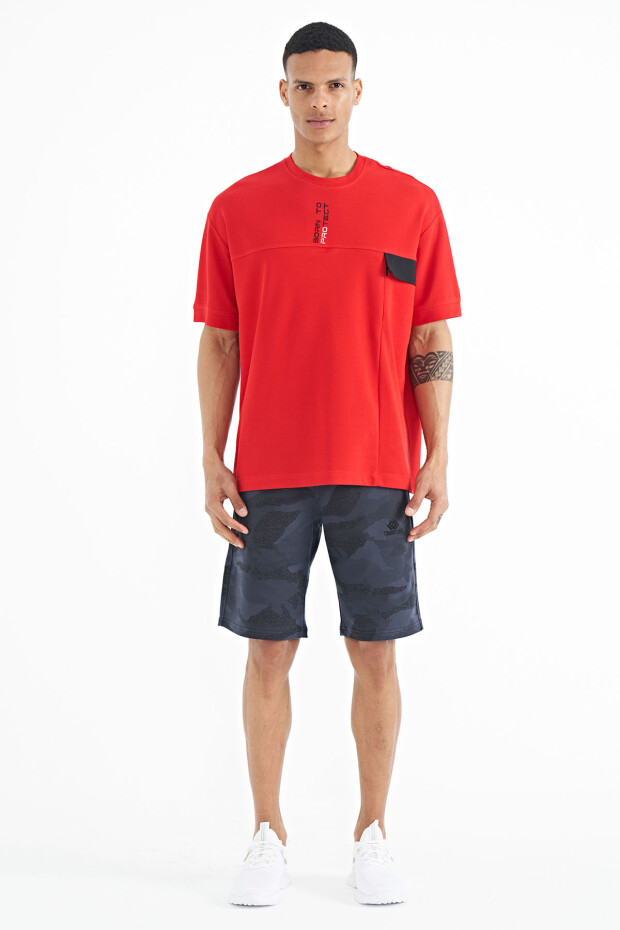 Kırmızı Gizli Cep Detaylı Baskılı Oversize Erkek T-shirt - 88244