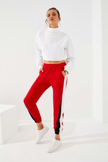Kırmızı İki Renk Şeritli Rahat Form Lastik Paça Kadın Eşofman Alt - 94582 - Thumbnail