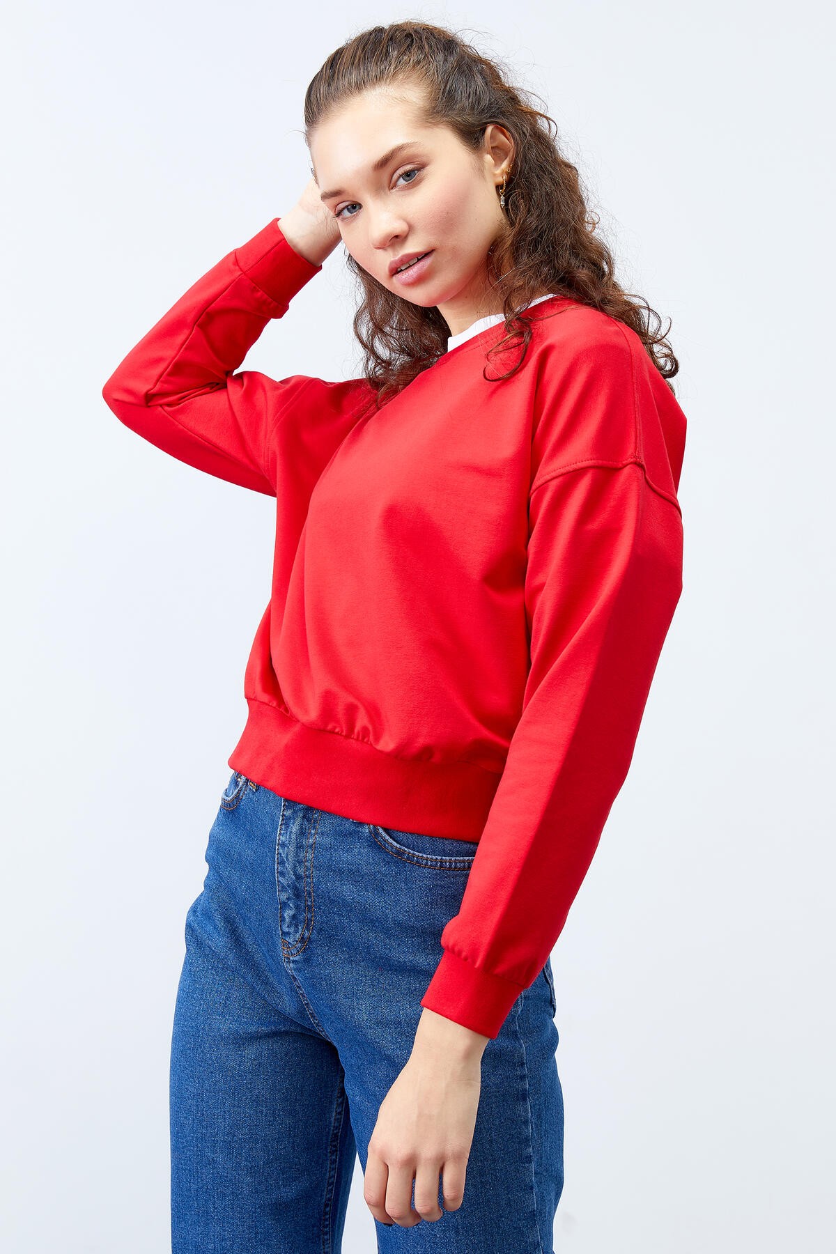 TommyLife - Kırmızı Basic Rahat Form O Yaka Kadın Sweatshirt - 97114