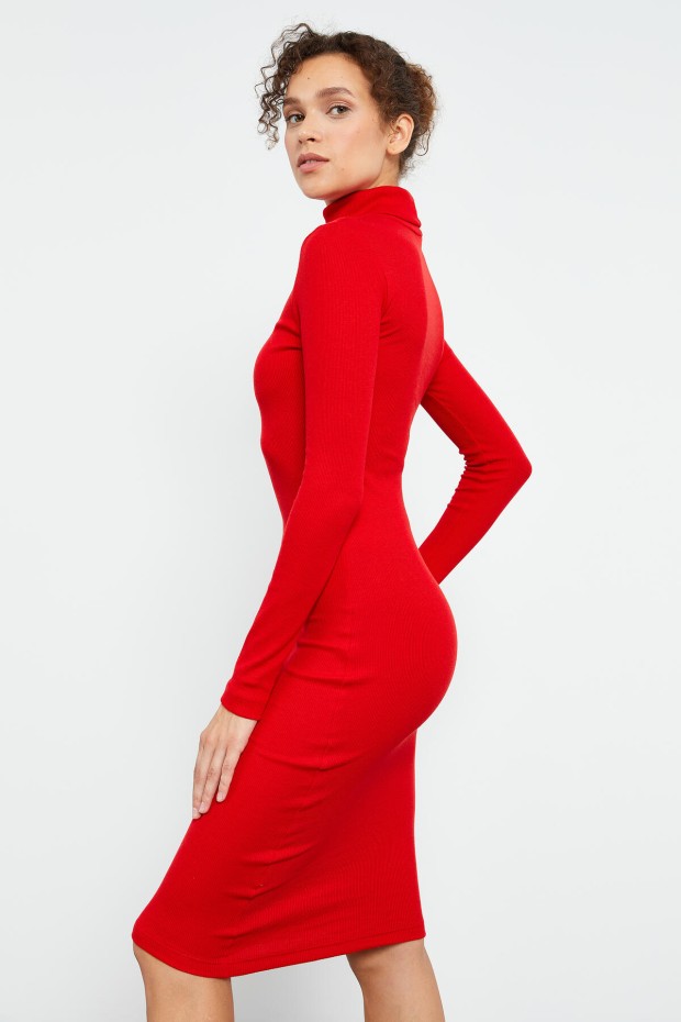 Kırmızı Kaşkorse Triko Dar Kalıp Balıkçı Yaka Kadın Elbise - 97117