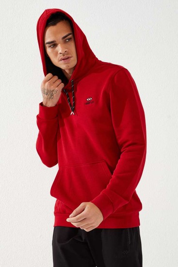 Kırmızı Kanguru Cep Standart Kalıp Kapüşonlu Erkek Sweatshirt - 87872 - Thumbnail