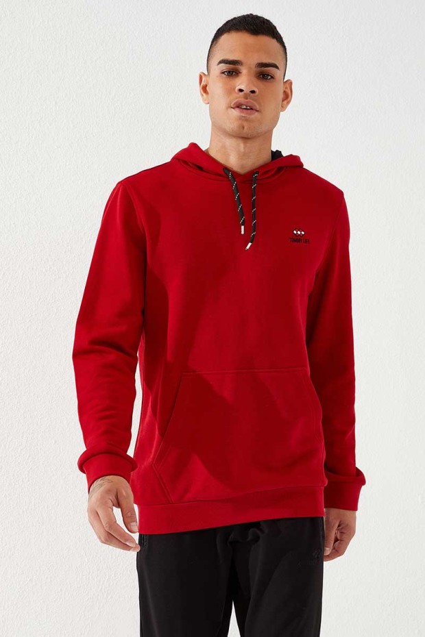 Kırmızı Kanguru Cep Standart Kalıp Kapüşonlu Erkek Sweatshirt - 87872
