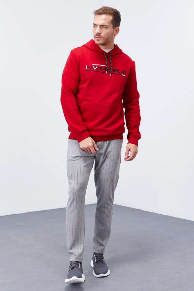 Kırmızı Kanguru Cep Standart Kalıp Kapüşonlu Erkek Sweatshirt - 87883