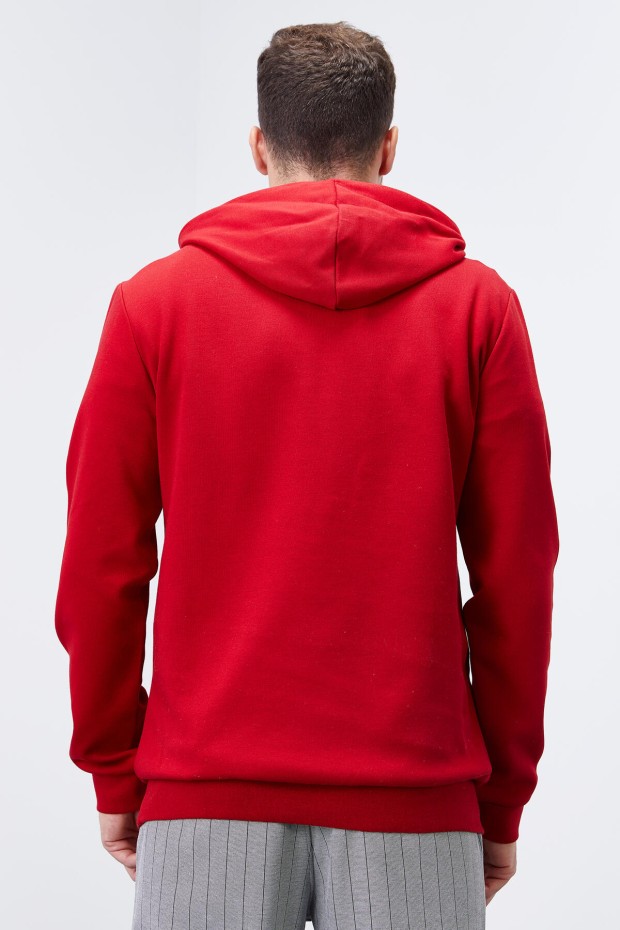Kırmızı Kanguru Cep Standart Kalıp Kapüşonlu Erkek Sweatshirt - 87883