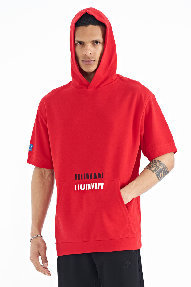Kırmızı Kanguru Cepli Yazı Nakışlı Kapüşonlu Erkek T-Shirt - 88195