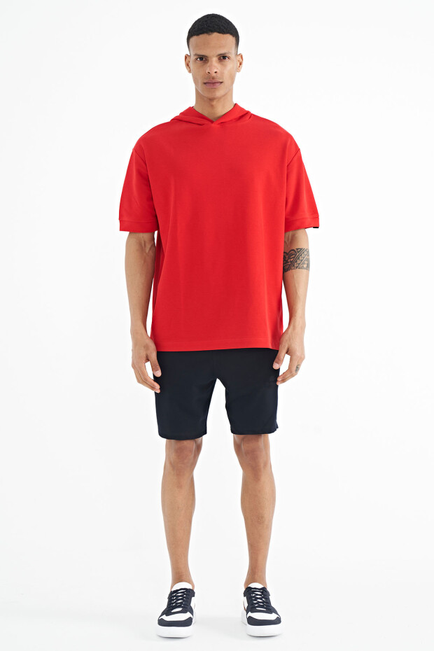 Kırmızı Kapüşonlu Kol Etiket Detaylı Oversize Erkek T-shirt - 88179