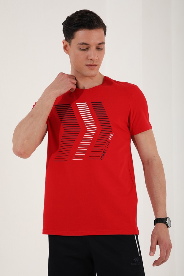 Kırmızı Karışık Harf Rakam Baskılı Rahat Form O Yaka Erkek T-Shirt - 87960