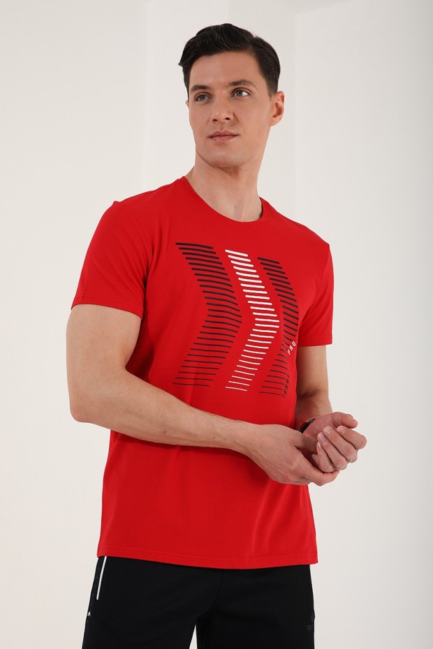 Kırmızı Karışık Harf Rakam Baskılı Rahat Form O Yaka Erkek T-Shirt - 87960