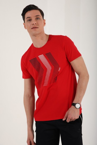 Kırmızı Karışık Harf Rakam Baskılı Rahat Form O Yaka Erkek T-Shirt - 87960 - Thumbnail