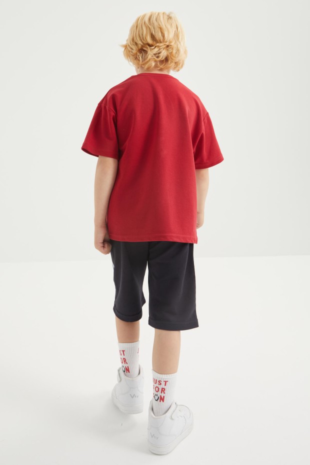Kırmızı - Lacivert Baskılı O Yaka Oversize Erkek Çocuk Şort Takım - 10926