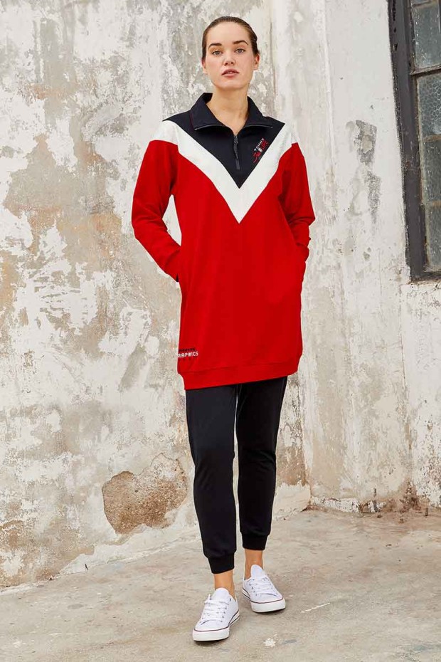 Kırmızı - Lacivert Dik Yaka Yarım Fermuar Rahat Form Jogger Kadın Eşofman Tunik Takım - 95234