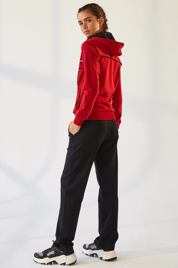 Kırmızı - Lacivert Kapüşonlu Fermuarlı Standart Kalıp Klasik Paça Kadın Eşofman Takımı - 95141